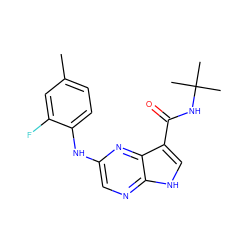 Cc1ccc(Nc2cnc3[nH]cc(C(=O)NC(C)(C)C)c3n2)c(F)c1 ZINC000145183634