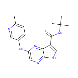 Cc1ccc(Nc2cnc3[nH]cc(C(=O)NC(C)(C)C)c3n2)cn1 ZINC000145159925