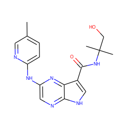 Cc1ccc(Nc2cnc3[nH]cc(C(=O)NC(C)(C)CO)c3n2)nc1 ZINC000145085607