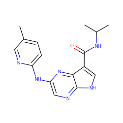 Cc1ccc(Nc2cnc3[nH]cc(C(=O)NC(C)C)c3n2)nc1 ZINC000145268913