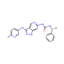 Cc1ccc(Nc2n[nH]c3cc(NC(=O)N[C@H](C)c4ccccc4)ncc23)cn1 ZINC001772574122