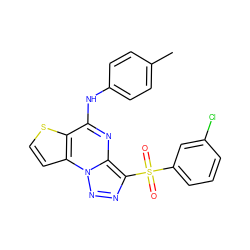 Cc1ccc(Nc2nc3c(S(=O)(=O)c4cccc(Cl)c4)nnn3c3ccsc23)cc1 ZINC000020516499