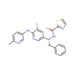 Cc1ccc(Nc2ncc([C@@H](Cc3ccccc3)NC(=O)c3nccs3)cc2Cl)cn1 ZINC000473107733