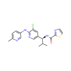 Cc1ccc(Nc2ncc([C@@H](NC(=O)c3nccs3)C(C)C)cc2Cl)cn1 ZINC000473096839