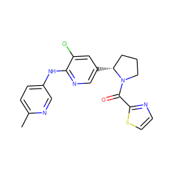 Cc1ccc(Nc2ncc([C@@H]3CCCN3C(=O)c3nccs3)cc2Cl)cn1 ZINC000473106874