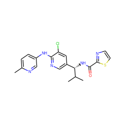 Cc1ccc(Nc2ncc([C@H](NC(=O)c3nccs3)C(C)C)cc2Cl)cn1 ZINC000473096840