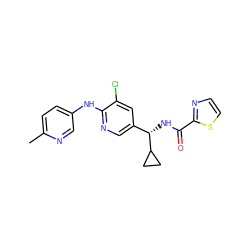 Cc1ccc(Nc2ncc([C@H](NC(=O)c3nccs3)C3CC3)cc2Cl)cn1 ZINC000473110930