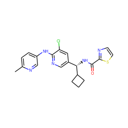 Cc1ccc(Nc2ncc([C@H](NC(=O)c3nccs3)C3CCC3)cc2Cl)cn1 ZINC000473109480