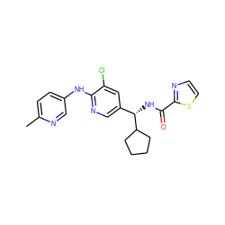 Cc1ccc(Nc2ncc([C@H](NC(=O)c3nccs3)C3CCCC3)cc2Cl)cn1 ZINC000473098200