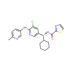 Cc1ccc(Nc2ncc([C@H](NC(=O)c3nccs3)C3CCCCC3)cc2Cl)cn1 ZINC000473107757