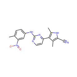 Cc1ccc(Nc2nccc(-c3c(C)[nH]c(C#N)c3C)n2)cc1[N+](=O)[O-] ZINC000014945949