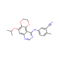 Cc1ccc(Nc2ncnc3cc(OC(C)C)c4c(c23)OCCO4)cc1C#N ZINC000653861927