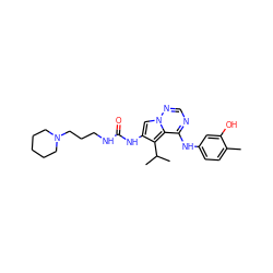 Cc1ccc(Nc2ncnn3cc(NC(=O)NCCCN4CCCCC4)c(C(C)C)c23)cc1O ZINC000028133830