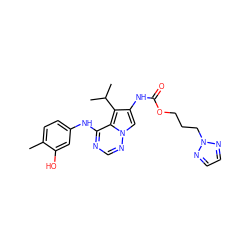 Cc1ccc(Nc2ncnn3cc(NC(=O)OCCCn4nccn4)c(C(C)C)c23)cc1O ZINC000028130760