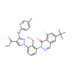 Cc1ccc(Nc2nn(-c3cccc(-n4ncc5cc(C(C)(C)C)cc(F)c5c4=O)c3CO)cc2C(N)=O)nc1 ZINC000143527964