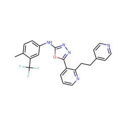 Cc1ccc(Nc2nnc(-c3cccnc3CCc3ccncc3)o2)cc1C(F)(F)F ZINC000014946607