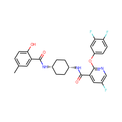 Cc1ccc(O)c(C(=O)N[C@H]2CC[C@@H](NC(=O)c3cc(F)cnc3Oc3ccc(F)c(F)c3)CC2)c1 ZINC000257874597