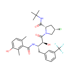 Cc1ccc(O)c(C)c1C(=O)N[C@@H](Cc1cccc(C(F)(F)F)c1)[C@H](O)C(=O)N1C[C@@H](Cl)C[C@H]1C(=O)NC(C)(C)C ZINC000014944409