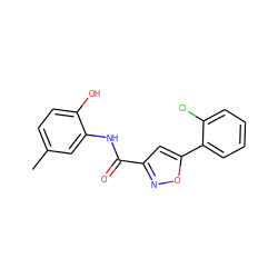 Cc1ccc(O)c(NC(=O)c2cc(-c3ccccc3Cl)on2)c1 ZINC000000815153