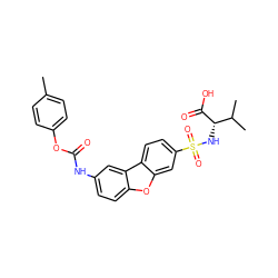 Cc1ccc(OC(=O)Nc2ccc3oc4cc(S(=O)(=O)N[C@H](C(=O)O)C(C)C)ccc4c3c2)cc1 ZINC000042890433