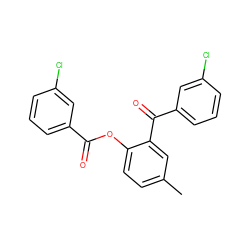 Cc1ccc(OC(=O)c2cccc(Cl)c2)c(C(=O)c2cccc(Cl)c2)c1 ZINC000028458610