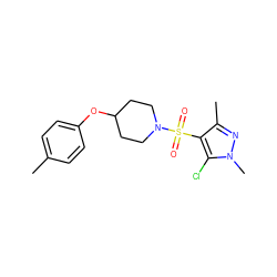 Cc1ccc(OC2CCN(S(=O)(=O)c3c(C)nn(C)c3Cl)CC2)cc1 ZINC000116903384