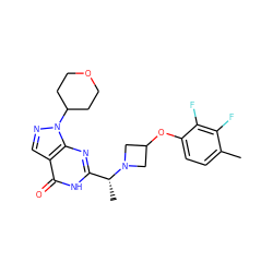 Cc1ccc(OC2CN([C@H](C)c3nc4c(cnn4C4CCOCC4)c(=O)[nH]3)C2)c(F)c1F ZINC001772583809