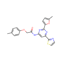 Cc1ccc(OCC(=O)Nc2cc(-c3nccs3)nc(-c3ccc(C)o3)n2)cc1 ZINC000029041636