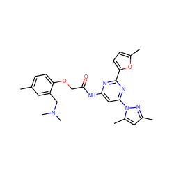 Cc1ccc(OCC(=O)Nc2cc(-n3nc(C)cc3C)nc(-c3ccc(C)o3)n2)c(CN(C)C)c1 ZINC000029041694