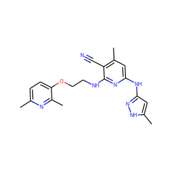 Cc1ccc(OCCNc2nc(Nc3cc(C)[nH]n3)cc(C)c2C#N)c(C)n1 ZINC000043133541