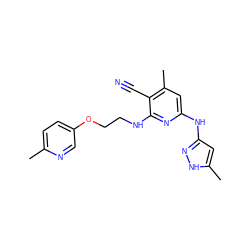 Cc1ccc(OCCNc2nc(Nc3cc(C)[nH]n3)cc(C)c2C#N)cn1 ZINC000043133536