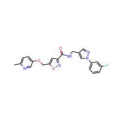 Cc1ccc(OCc2cc(C(=O)NCc3cnn(-c4cccc(F)c4)c3)no2)cn1 ZINC000012432984