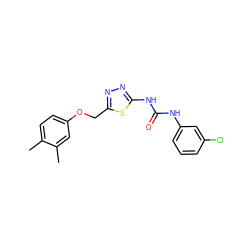 Cc1ccc(OCc2nnc(NC(=O)Nc3cccc(Cl)c3)s2)cc1C ZINC000009170075