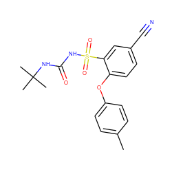 Cc1ccc(Oc2ccc(C#N)cc2S(=O)(=O)NC(=O)NC(C)(C)C)cc1 ZINC000096272706