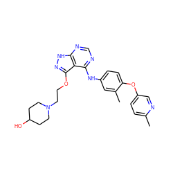 Cc1ccc(Oc2ccc(Nc3ncnc4[nH]nc(OCCN5CCC(O)CC5)c34)cc2C)cn1 ZINC000029128915