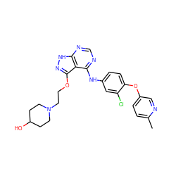 Cc1ccc(Oc2ccc(Nc3ncnc4[nH]nc(OCCN5CCC(O)CC5)c34)cc2Cl)cn1 ZINC000029128957