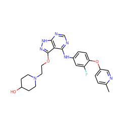 Cc1ccc(Oc2ccc(Nc3ncnc4[nH]nc(OCCN5CCC(O)CC5)c34)cc2F)cn1 ZINC000029128916