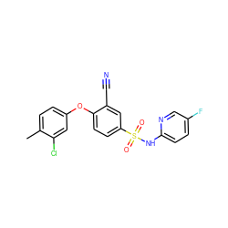 Cc1ccc(Oc2ccc(S(=O)(=O)Nc3ccc(F)cn3)cc2C#N)cc1Cl ZINC000473198633