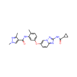 Cc1ccc(Oc2ccc3nc(NC(=O)C4CC4)nn3c2)cc1NC(=O)c1cn(C)nc1C ZINC000096916328