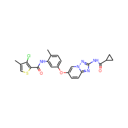 Cc1ccc(Oc2ccc3nc(NC(=O)C4CC4)nn3c2)cc1NC(=O)c1scc(C)c1Cl ZINC000096916326