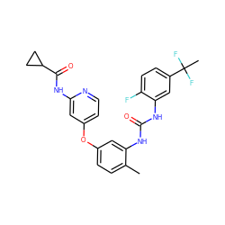 Cc1ccc(Oc2ccnc(NC(=O)C3CC3)c2)cc1NC(=O)Nc1cc(C(C)(F)F)ccc1F ZINC001772654225