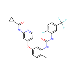 Cc1ccc(Oc2ccnc(NC(=O)C3CC3)c2)cc1NC(=O)Nc1cc(C(F)(F)F)ccc1F ZINC001772610344