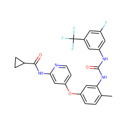 Cc1ccc(Oc2ccnc(NC(=O)C3CC3)c2)cc1NC(=O)Nc1cc(F)cc(C(F)(F)F)c1 ZINC001772602938