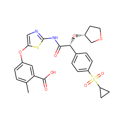 Cc1ccc(Oc2cnc(NC(=O)[C@H](O[C@@H]3CCOC3)c3ccc(S(=O)(=O)C4CC4)cc3)s2)cc1C(=O)O ZINC000218897049