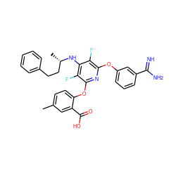 Cc1ccc(Oc2nc(Oc3cccc(C(=N)N)c3)c(F)c(N[C@@H](C)CCc3ccccc3)c2F)c(C(=O)O)c1 ZINC000028523349