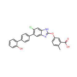 Cc1ccc(Oc2nc3cc(-c4ccc(-c5ccccc5O)cc4)c(Cl)cc3[nH]2)cc1C(=O)O ZINC000299860692