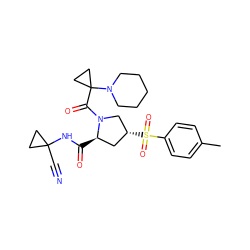 Cc1ccc(S(=O)(=O)[C@@H]2C[C@@H](C(=O)NC3(C#N)CC3)N(C(=O)C3(N4CCCCC4)CC3)C2)cc1 ZINC000169705354