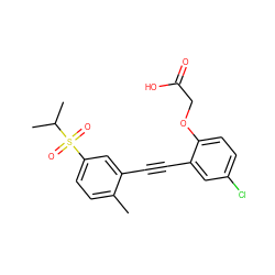 Cc1ccc(S(=O)(=O)C(C)C)cc1C#Cc1cc(Cl)ccc1OCC(=O)O ZINC000073165139