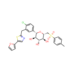 Cc1ccc(S(=O)(=O)C[C@H]2O[C@@H](c3ccc(Cl)c(Cc4ncc(-c5ccco5)s4)c3)[C@H](O)[C@@H](O)[C@@H]2O)cc1 ZINC000066252837