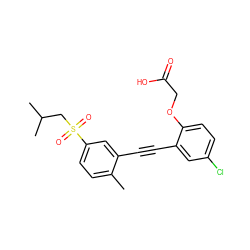 Cc1ccc(S(=O)(=O)CC(C)C)cc1C#Cc1cc(Cl)ccc1OCC(=O)O ZINC000073165142